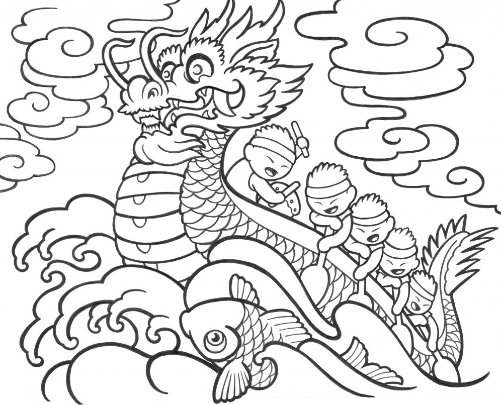 Fill the color for dragon boat! Dragon boat colouring sheet.