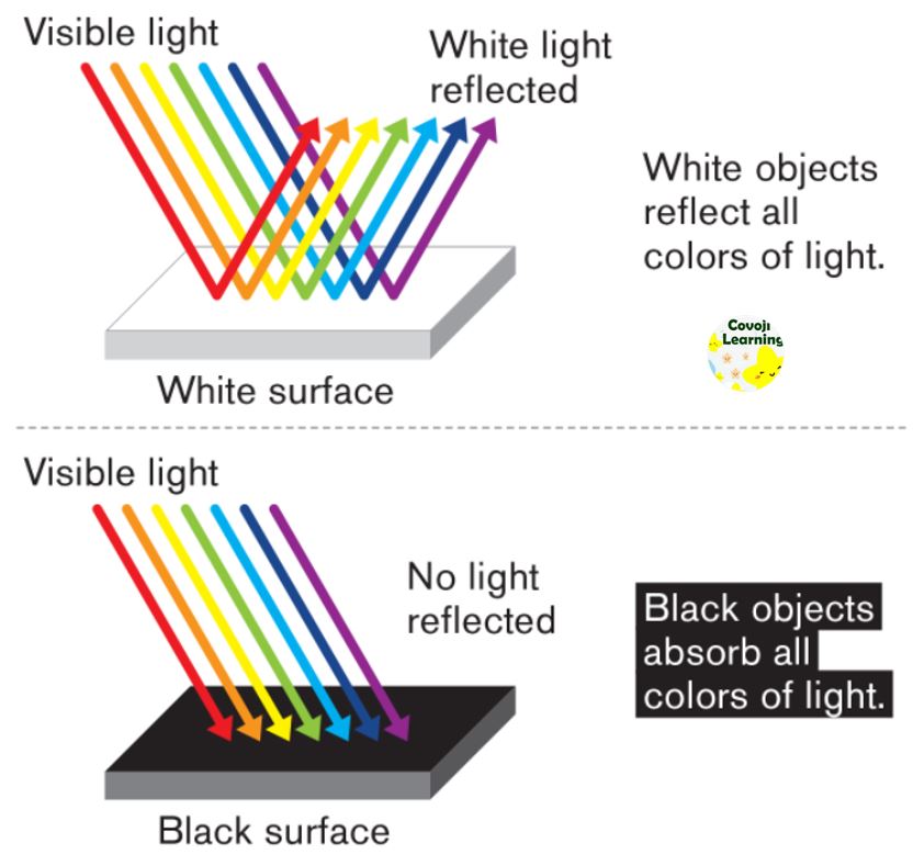 White objects reflect all colors of light; Black objects absorb all colors of light.